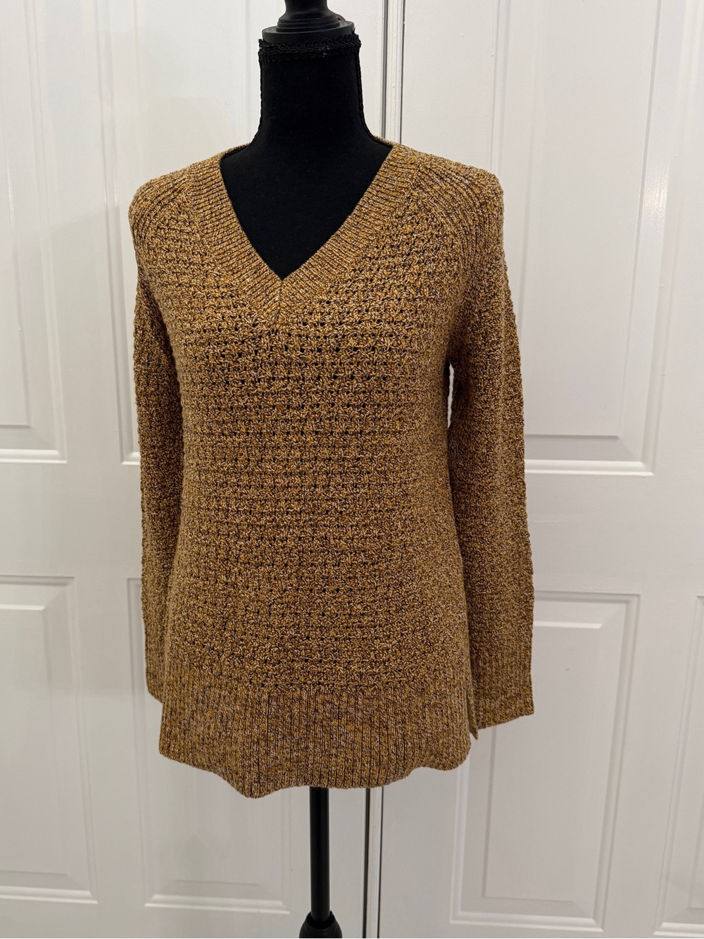 purejill V-Neck Cotton Nylon Sweater in Brown & Gold XS NWT